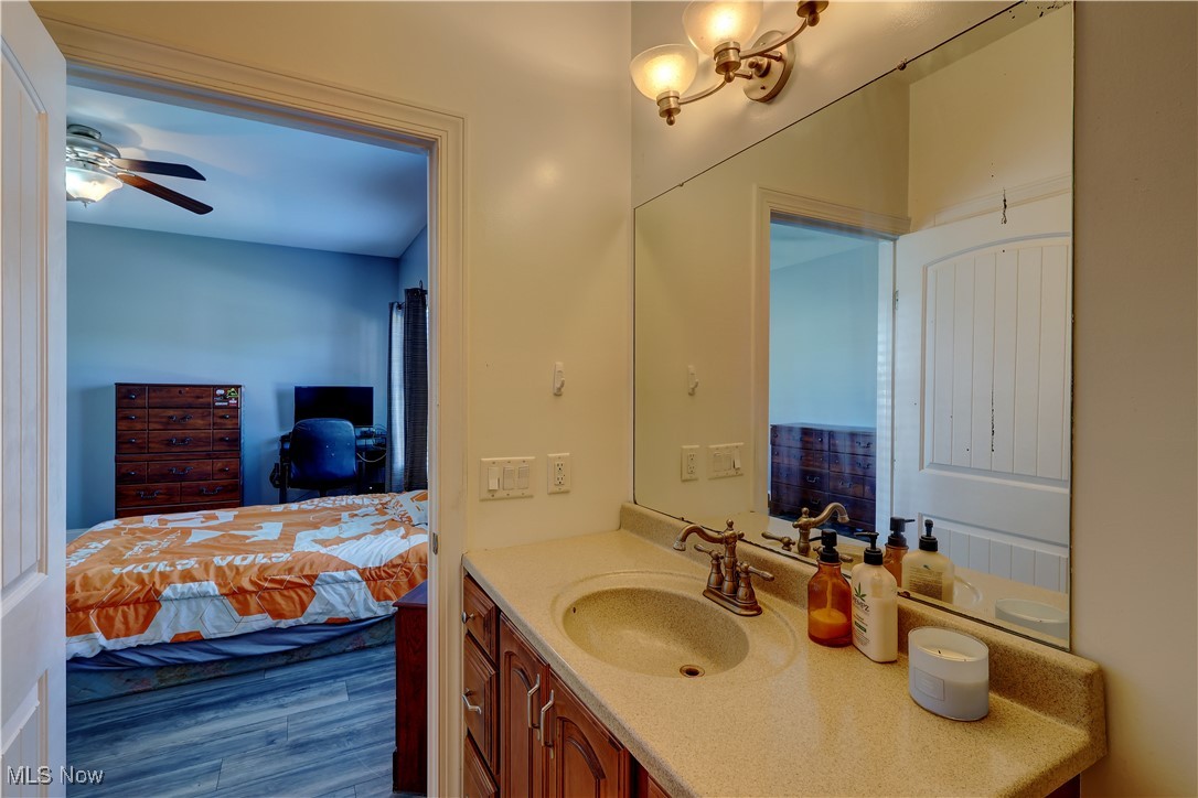 3079 Alexander Road Atwater, OH 44201 - Photo 14 of 45 Ensuite bathroom with vanity, dark wood-style flooring, and a ceiling fan
