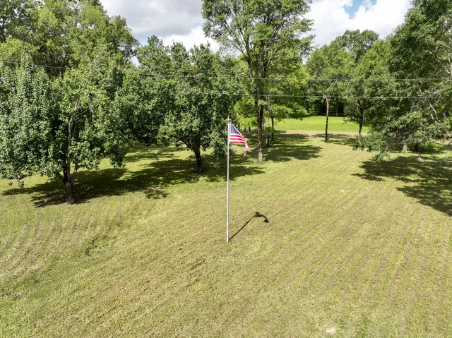 a backyard of a house with a slide and swing
