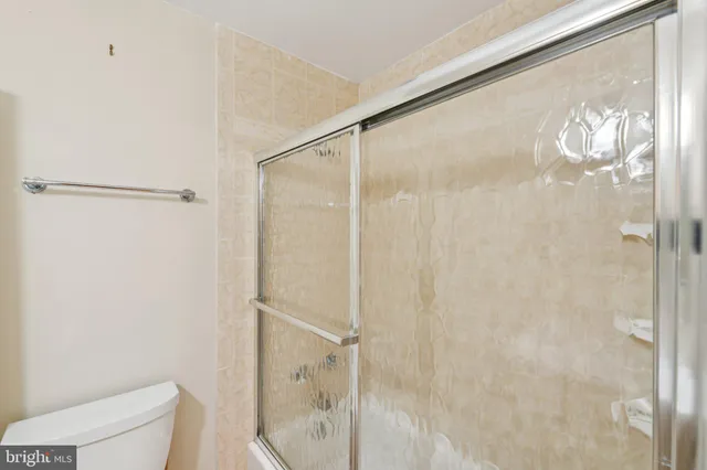 a bathroom with a shower and a toilet