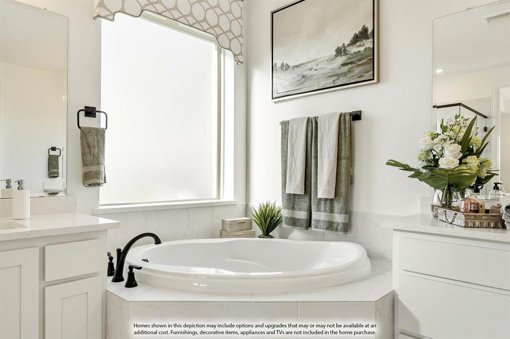 1145 Hitching Post Way Oak Point, TX 75068 - Photo 27 of 36 a bathroom with a sink a mirror and a bathtub