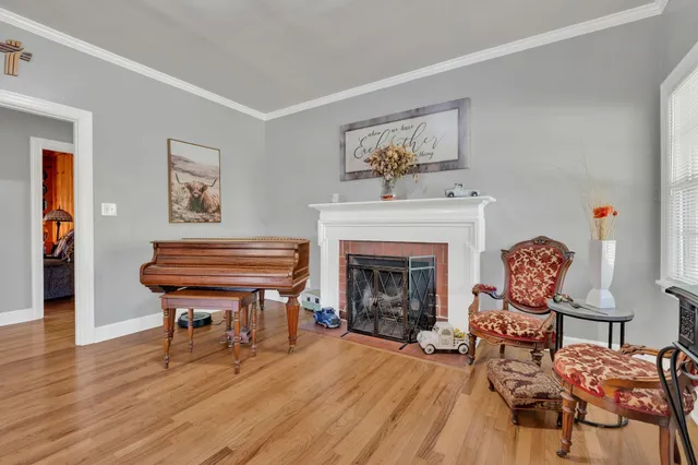 a living room with furniture and a fireplace