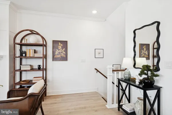 a workspace with chandelier