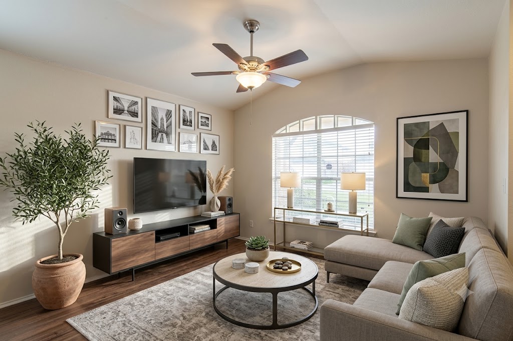 508 Emma Rose Trail Leander, TX 78641 - Photo 13 of 40 A well-lit living space features hardwood flooring and an arched window, creating an inviting atmosphere.