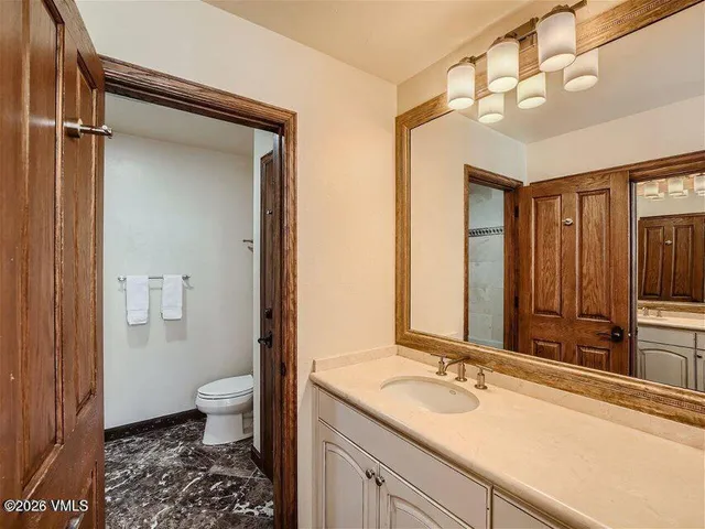 a bathroom with a granite countertop sink toilet and shower