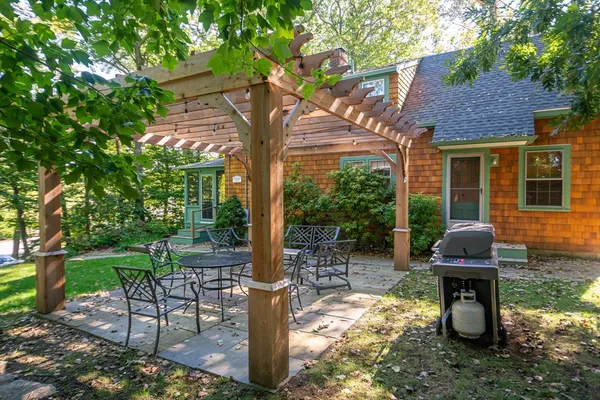 a garden view with a seating space