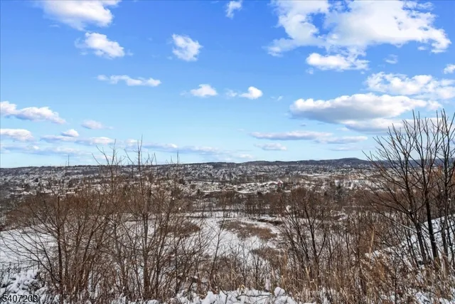 a front view of a building with large trees