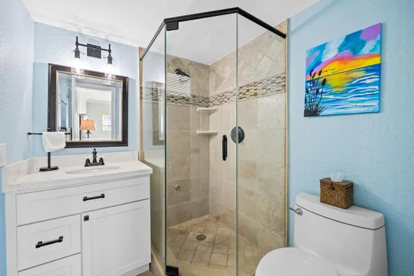 a bathroom with a sink a toilet a shower and a mirror