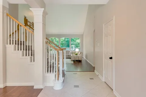 a view of staircase with wooden floor and a potted plant