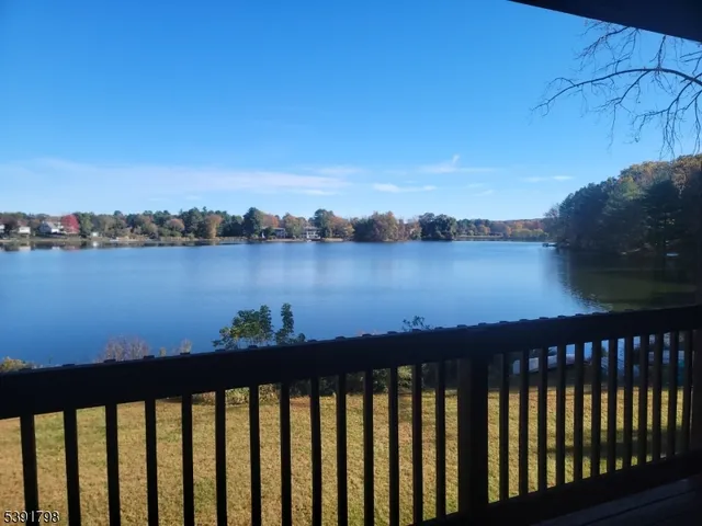 a view of a lake with boats and trees in the background