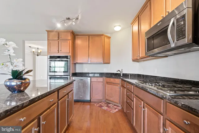 a kitchen with stainless steel appliances granite countertop a stove a sink and a microwave