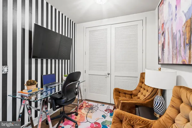 a view of a hallway with painted walls