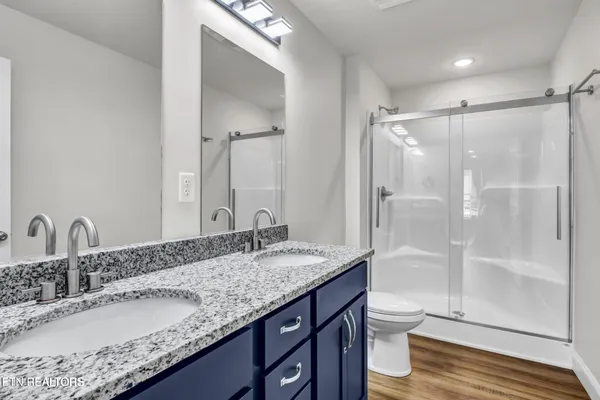a bathroom with a granite countertop sink a toilet and shower