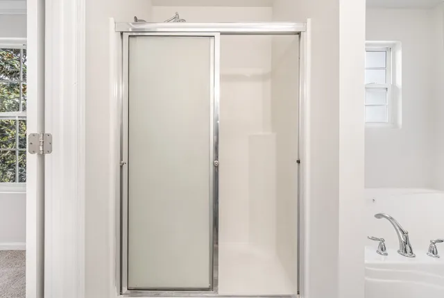 a bathroom with a shower and a sink