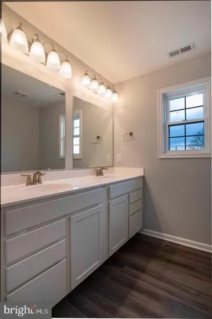 a bathroom with a double vanity sink and a mirror