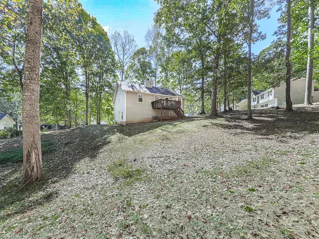 a view of a backyard with large trees