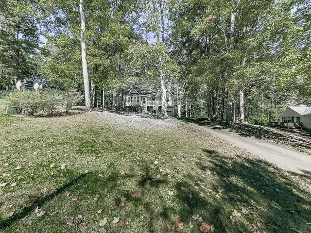 a view of a dirt road with trees in the background