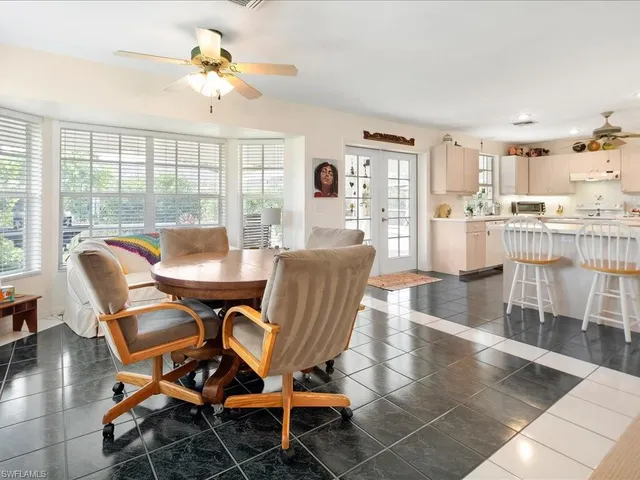 a view of a dining room with furniture window and outside view