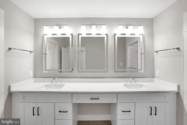 a bathroom with double vanity sink a mirror and a