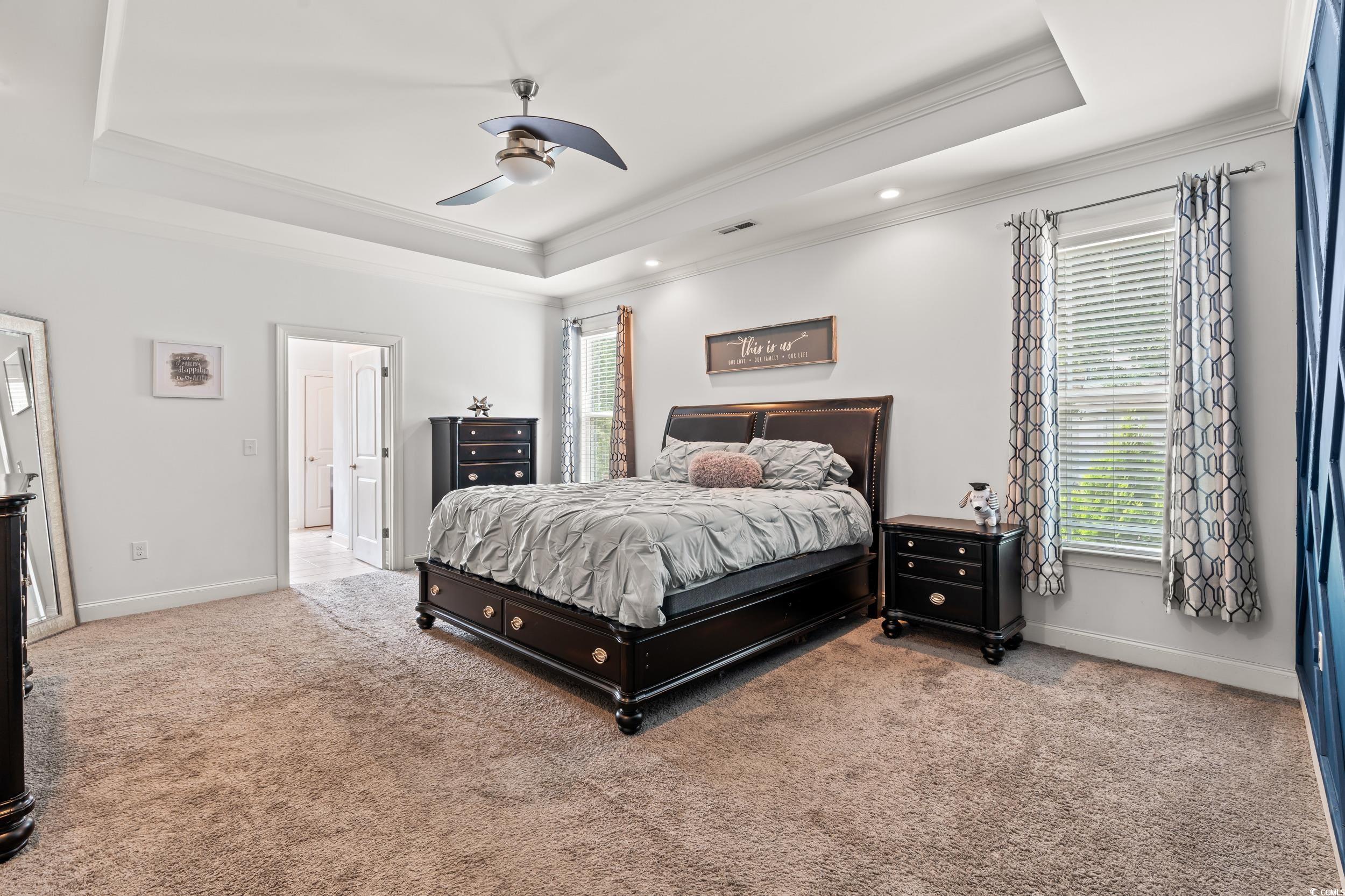 1051 Academy Drive Conway, SC 29526 - Photo 11 of 37 Carpeted bedroom with a raised ceiling, ornamental molding, multiple windows, baseboards, and ceiling fan