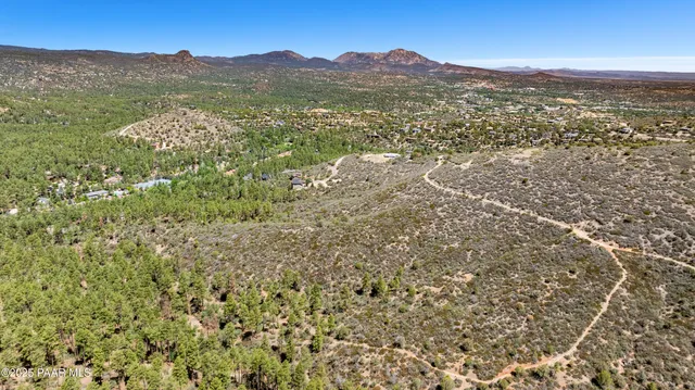 a view of a field with a mountain in the background