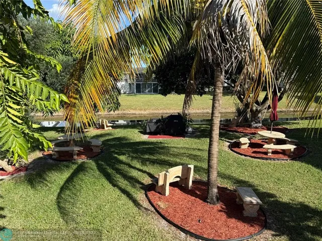 a view of a park with potted plants and palm trees