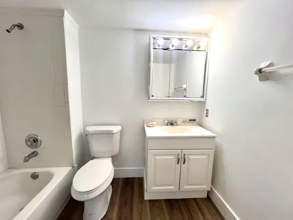 a bathroom with a sink a toilet and bathtub