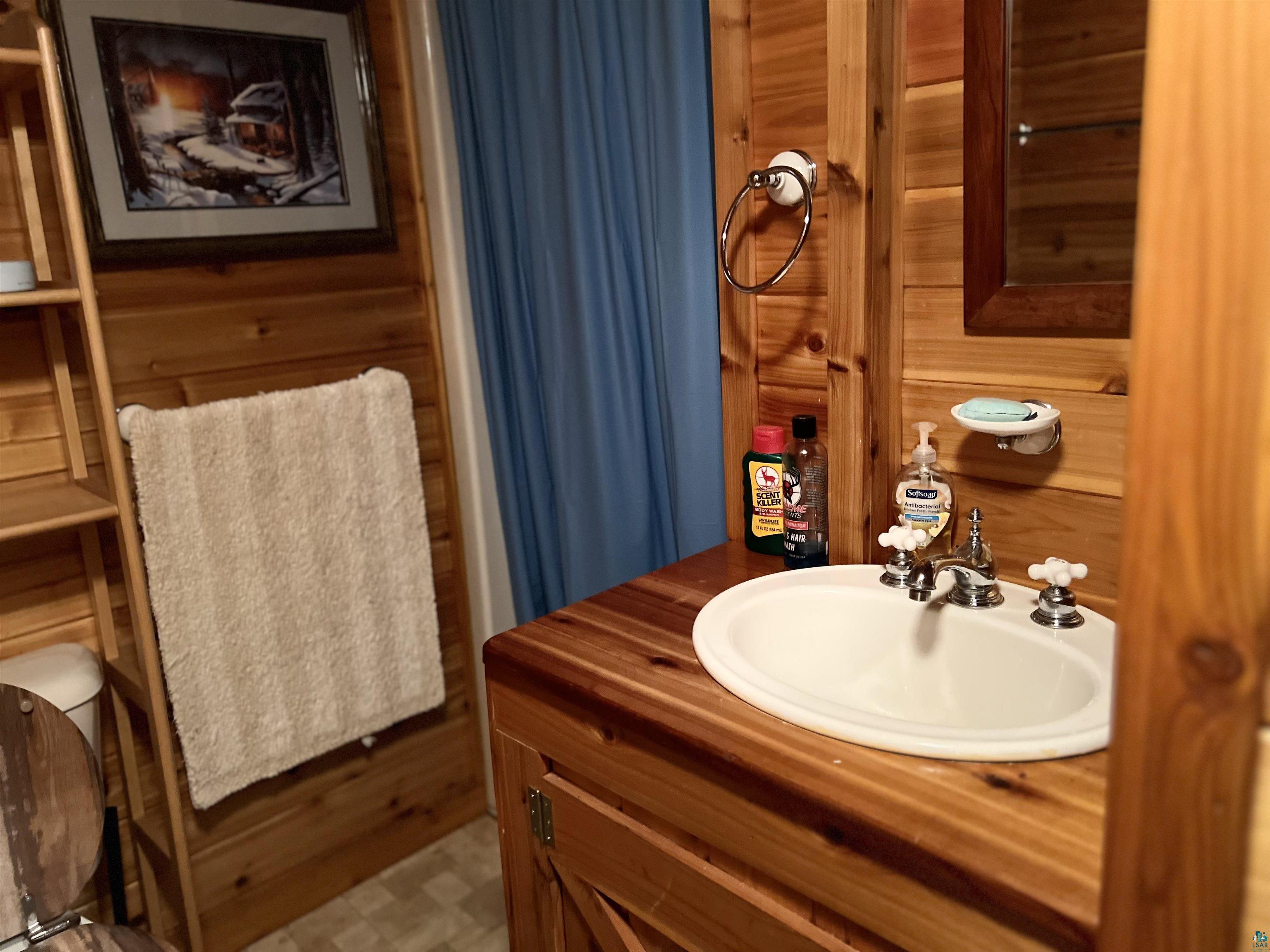 26336 Forest Road 181 Glidden, WI 54527 - Photo 16 of 18 Bathroom featuring wood walls, vanity, and tile patterned flooring
