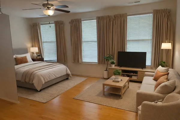 a bedroom with a bed and a couch