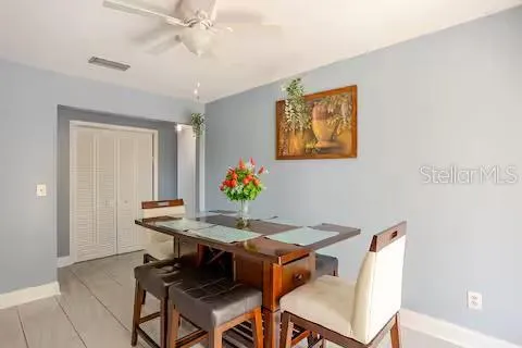 a view of a dining room with furniture