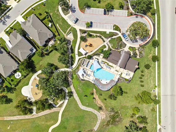 an aerial view of a swimming pool