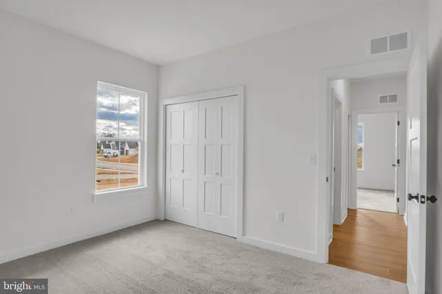 a view of an empty room with closet and a window