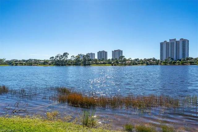 a view of a lake with tall buildings in the background