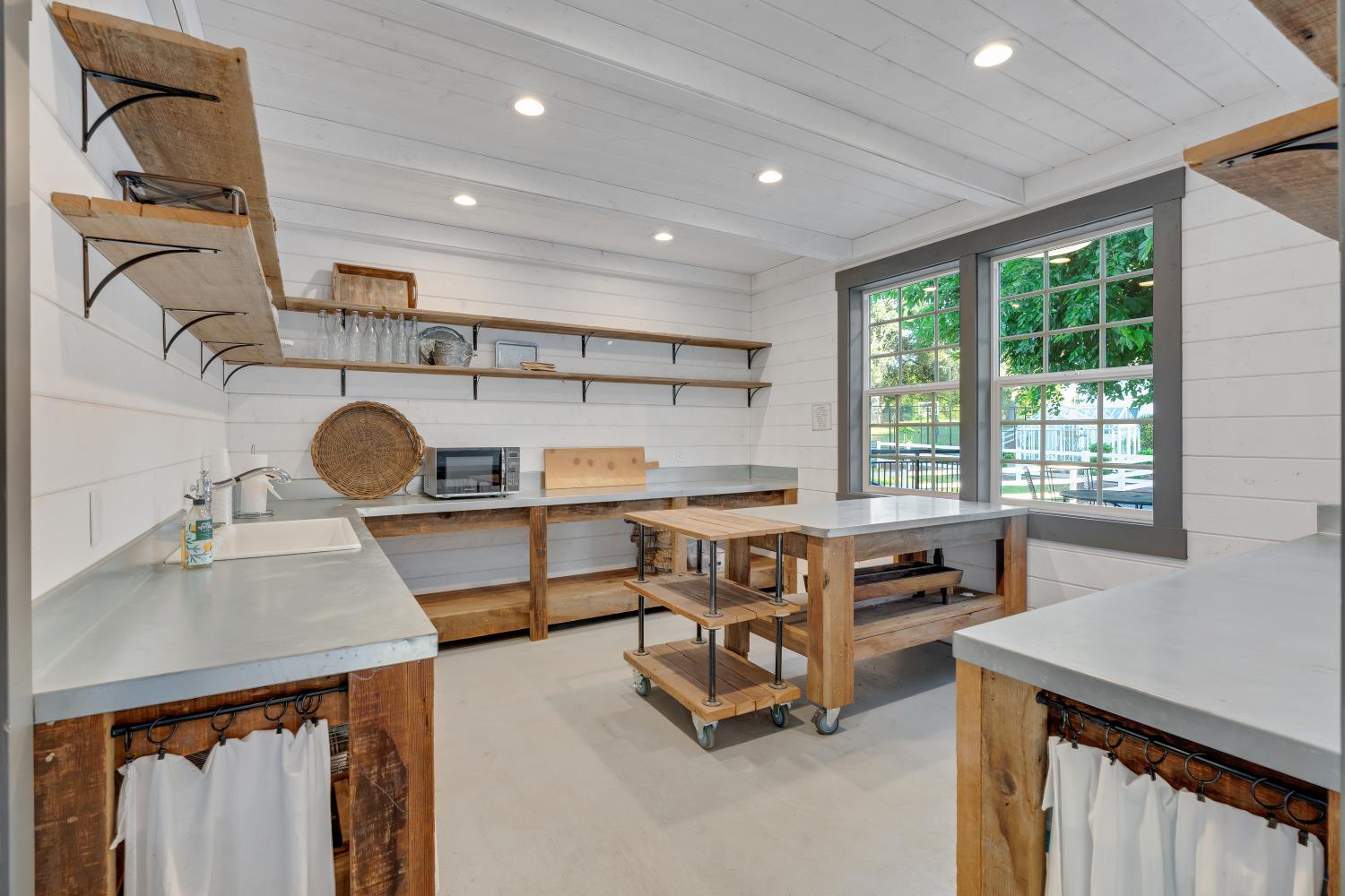 2905 Virginiatown Road Lincoln, CA 95648 - Photo 62 of 86 Event Barn Kitchen Prep Area- Utility space featuring shiplap walls, recessed lighting, and wood-finish open shelving and Fridge