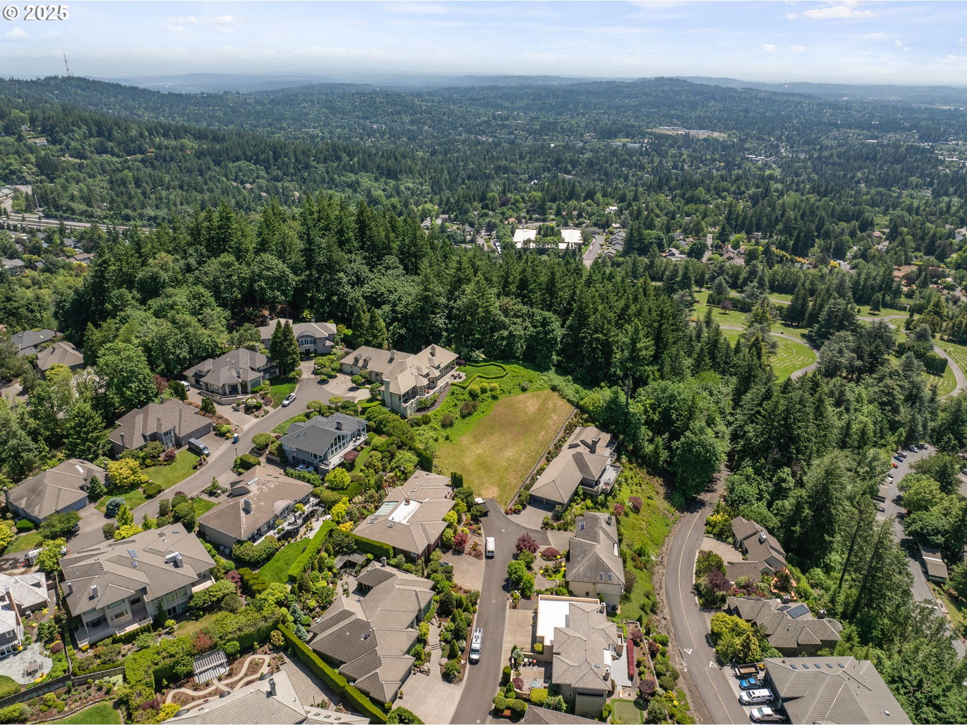 an aerial view of residential houses with outdoor space and trees