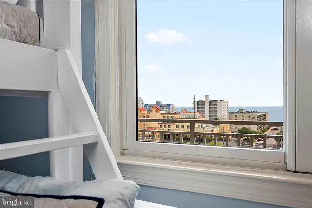 a view of ocean from a corridor