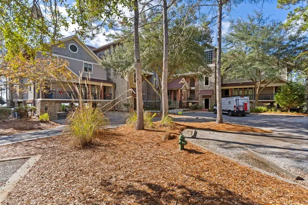 a view of a park with large trees