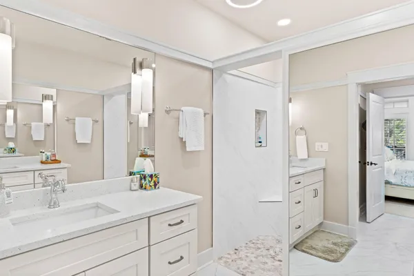 a blue chair sitting in front of a door