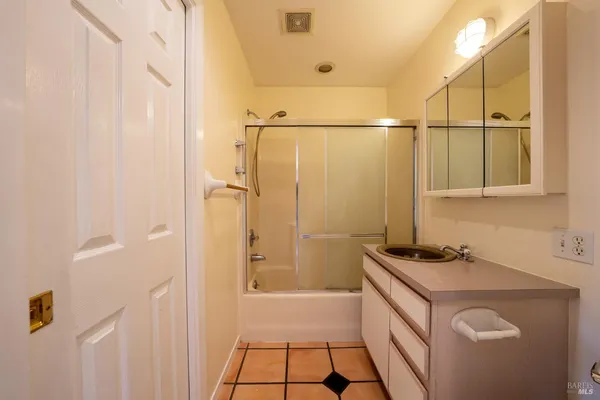 a bathroom with a sink and a shower