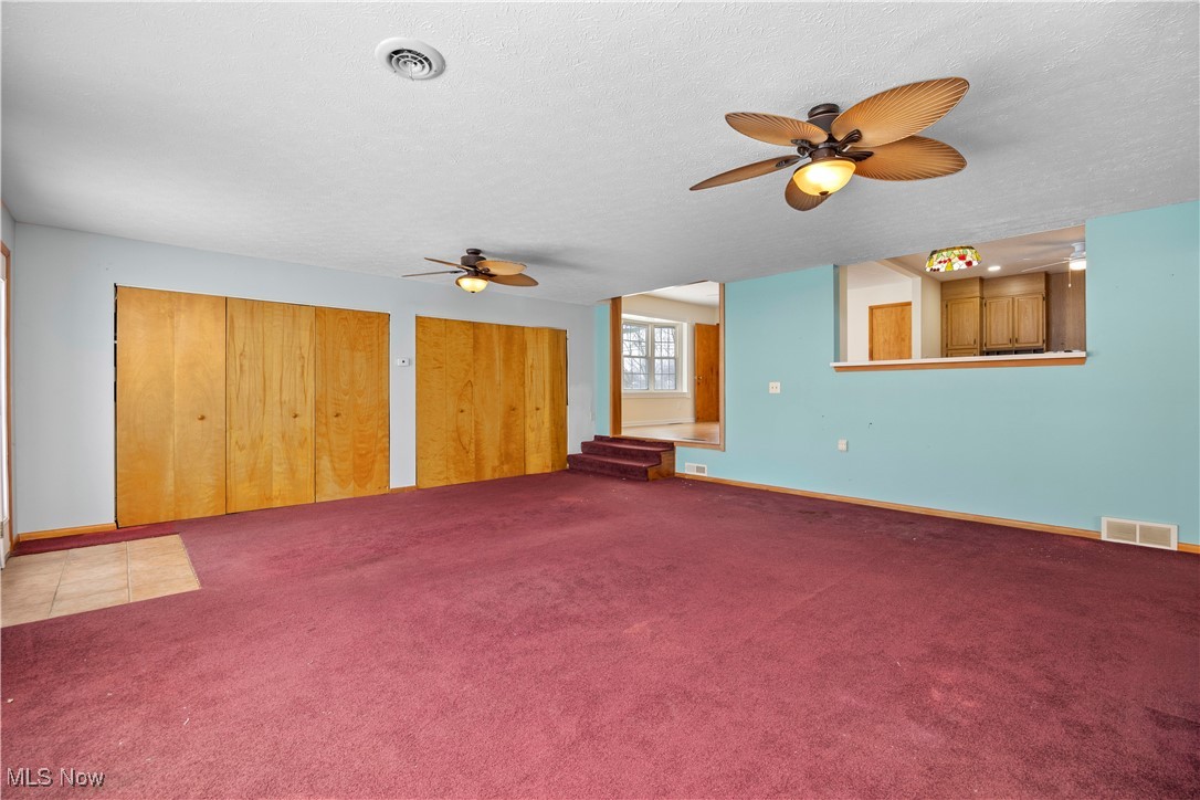 14015 West Lake Road Vermilion, OH 44089 - Photo 25 of 50 Unfurnished living room with carpet flooring, ceiling fan, and a textured ceiling
