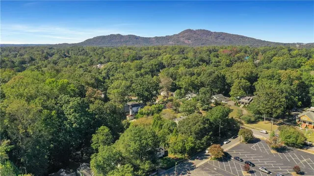a view of a lush green field with mountains in the background