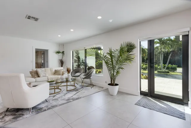 a living room with furniture and a potted plant