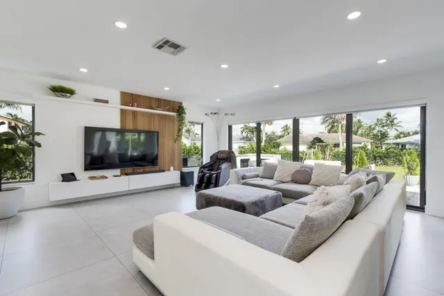 a living room with furniture and a potted plant