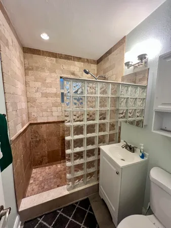 a bathroom with a sink and a shower