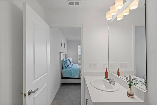 a bathroom with a sink a mirror and a bathtub