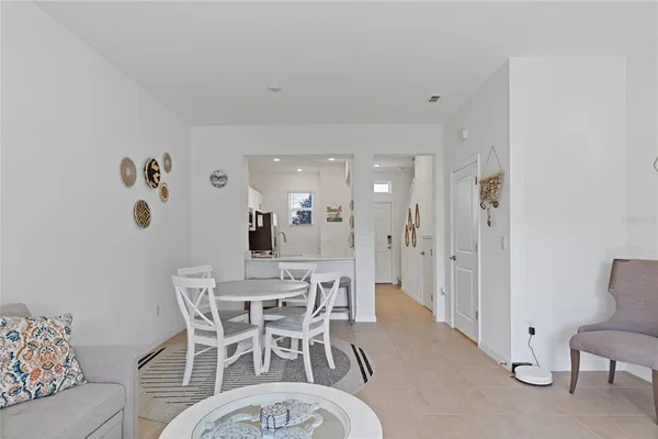 a view of a dining room with furniture
