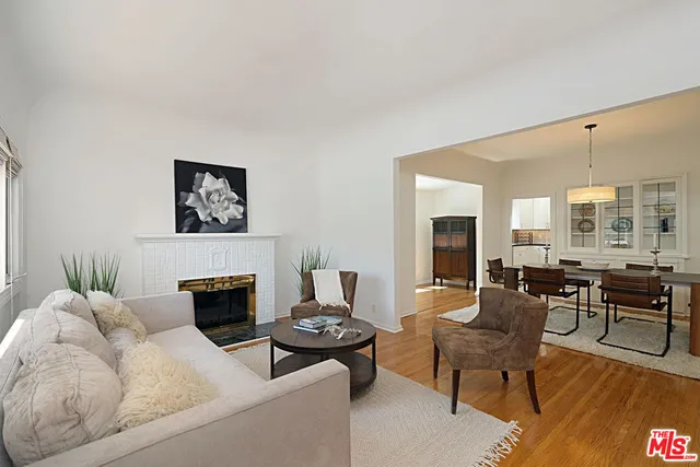 a living room with furniture or couch and a fireplace