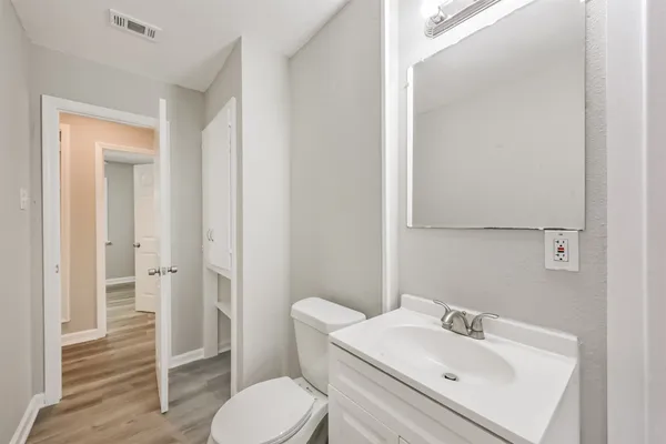 a bathroom with a sink toilet and mirror
