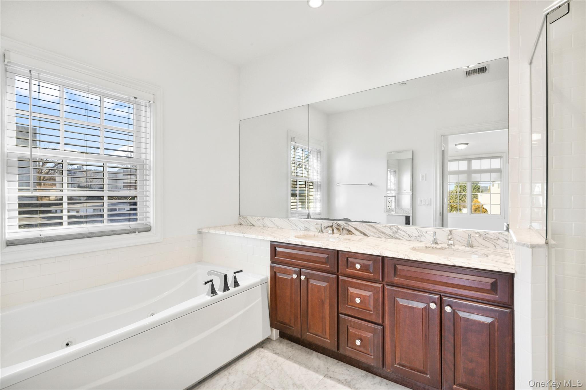 55 1st Street, Unit 207 Pelham, NY 10803 - Photo 17 of 23 Full bath featuring a garden tub, double vanity, a shower stall, and healthy amount of natural light