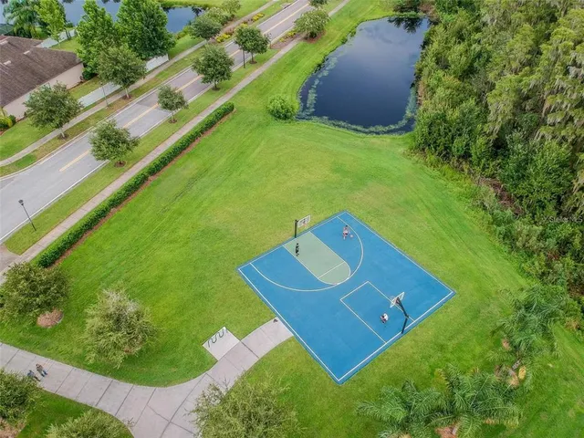 an aerial view of a house with a garden