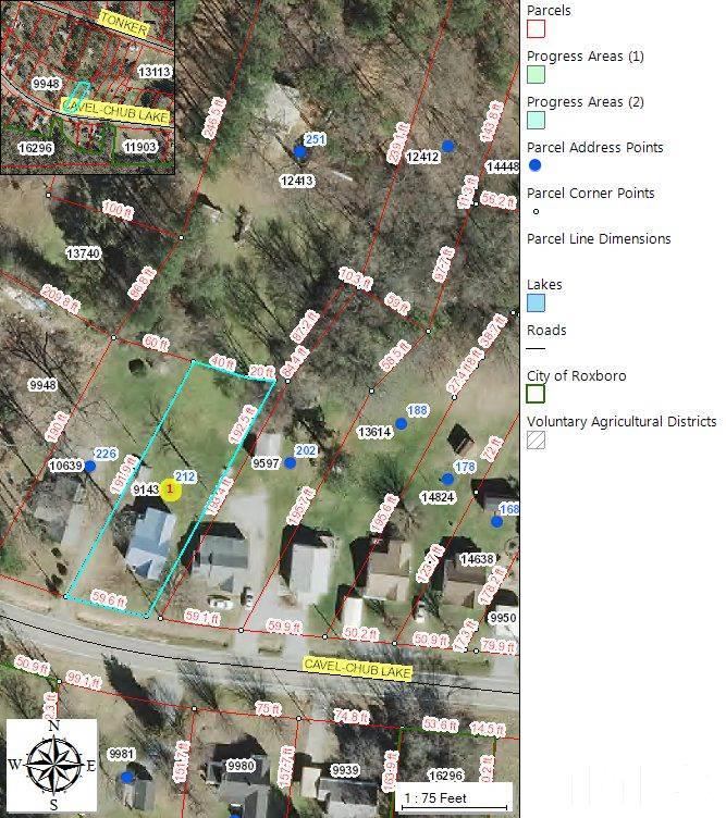 212 Cavel Chub Lake Road Roxboro, NC 27574 - Photo 17 of 18 Aerial view is highlighted and gives you an approximate idea of how the property sits on the lot.